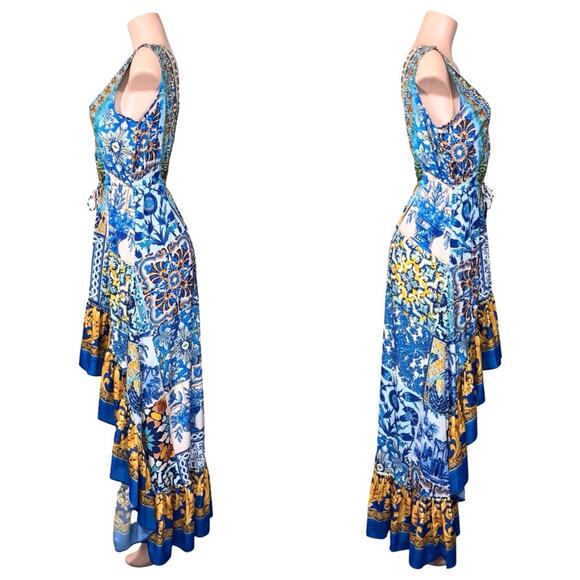 NWOT Shahida Paradies HIGH LOW RUFFLE BLUE DRESS SZ M/L $449 - Picture 6 of 13